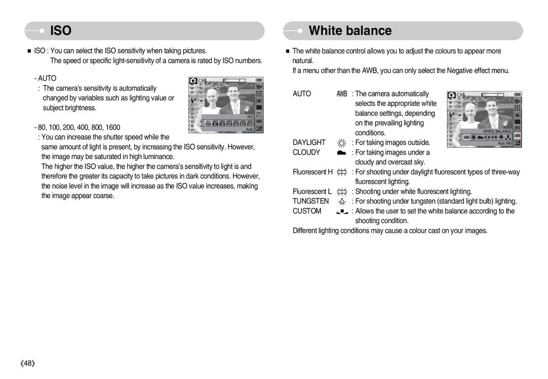 Samsung STC-S1050S, EC-S1050BDA/DE, EC-S1050SBB/E2, EC-S1050SBA/FR, EC-S1050BBA/FR, EC-S1050SDA/DE manual Iso, White balance 