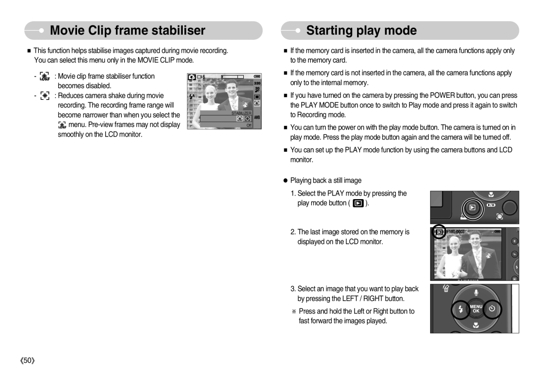 Samsung EC-S1050BBA/E1, EC-S1050BDA/DE, EC-S1050SBB/E2, EC-S1050SBA/FR manual Movie Clip frame stabiliser, Starting play mode 