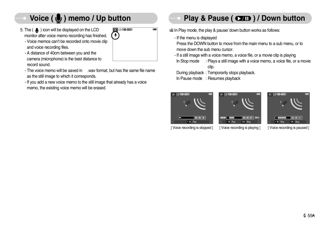 Samsung EC-S1050BDB/AS, EC-S1050BDA/DE, EC-S1050SBB/E2, EC-S1050SBA/FR, EC-S1050BBA/FR, STC-S1050S Play & Pause / Down button 