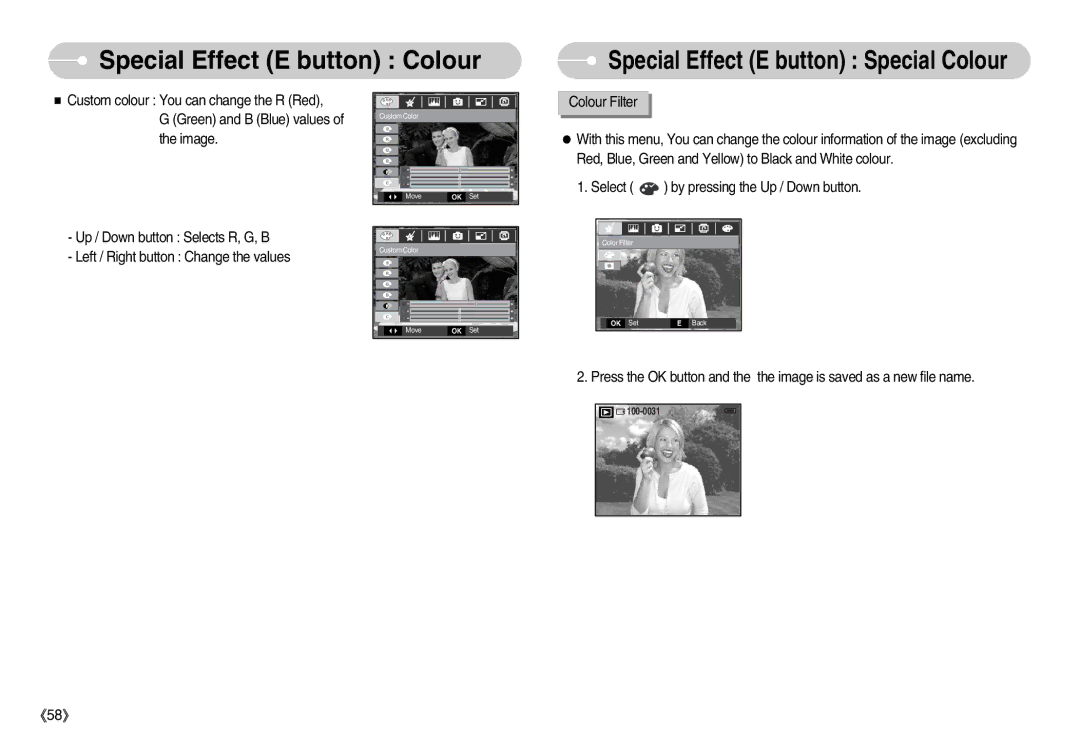 Samsung EC-S1050SFB/TR, EC-S1050BDA/DE, EC-S1050SBB/E2, EC-S1050SBA/FR, EC-S1050BBA/FR Special Effect E button Special Colour 