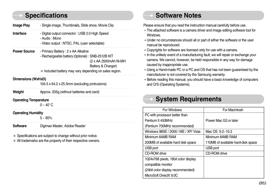 Samsung EC-S1050SBA/FR, EC-S1050BDA/DE, EC-S1050SBB/E2, EC-S1050BBA/FR, EC-S1050SDA/DE Software Notes, System Requirements 