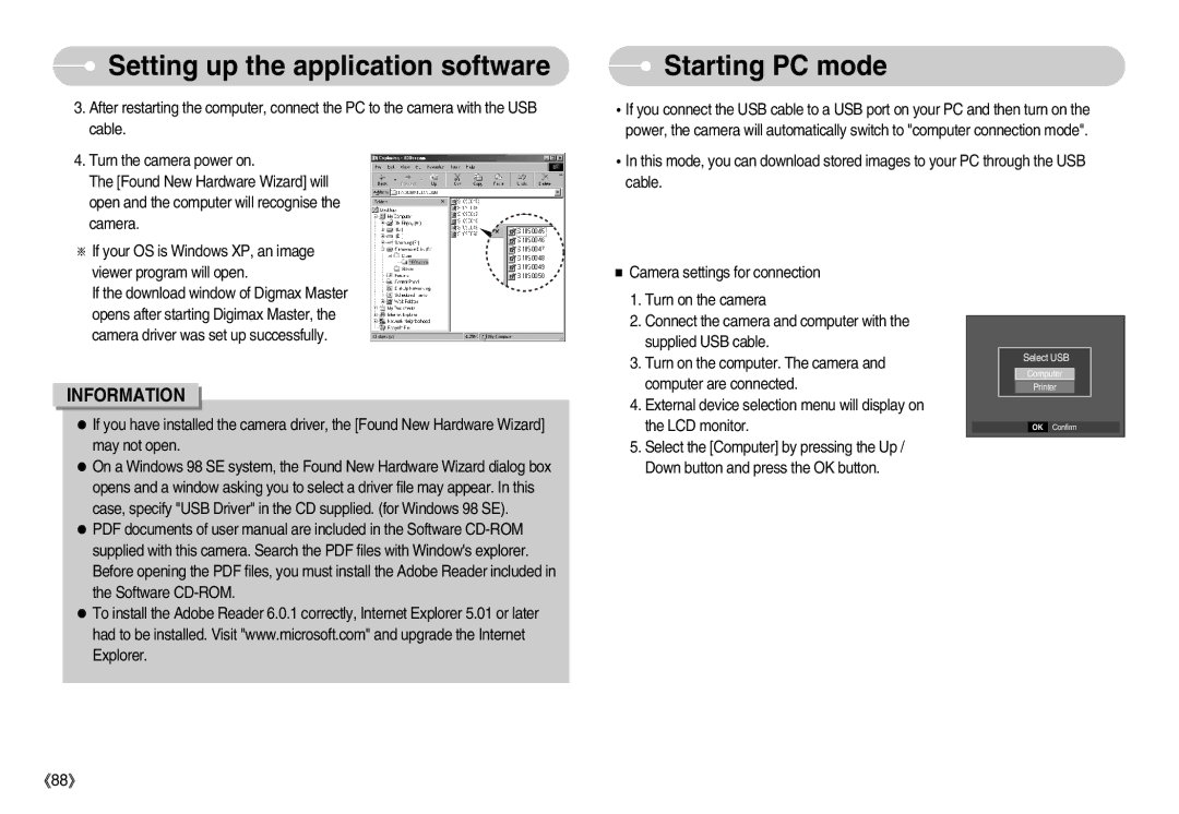 Samsung EC-S1050SFB/FR, EC-S1050BDA/DE, EC-S1050SBB/E2, EC-S1050SBA/FR, EC-S1050BBA/FR, EC-S1050SDA/DE manual Starting PC mode 