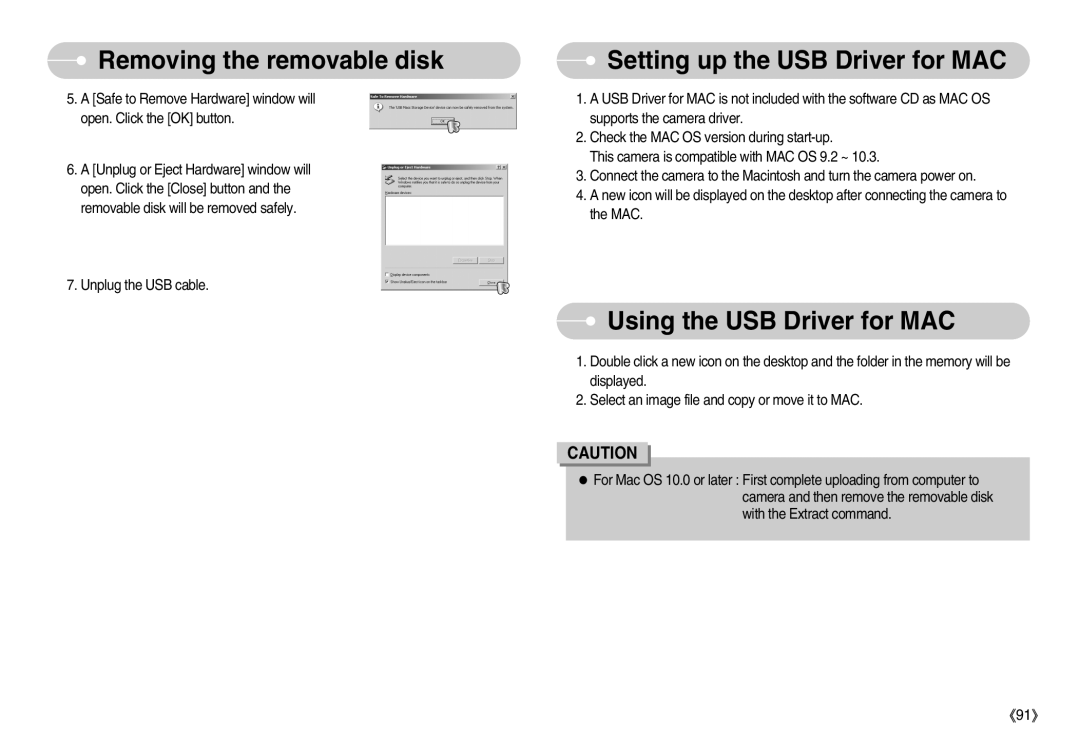 Samsung EC-S1050SBA/IT, EC-S1050BDA/DE, EC-S1050SBB/E2 manual Setting up the USB Driver for MAC, Using the USB Driver for MAC 