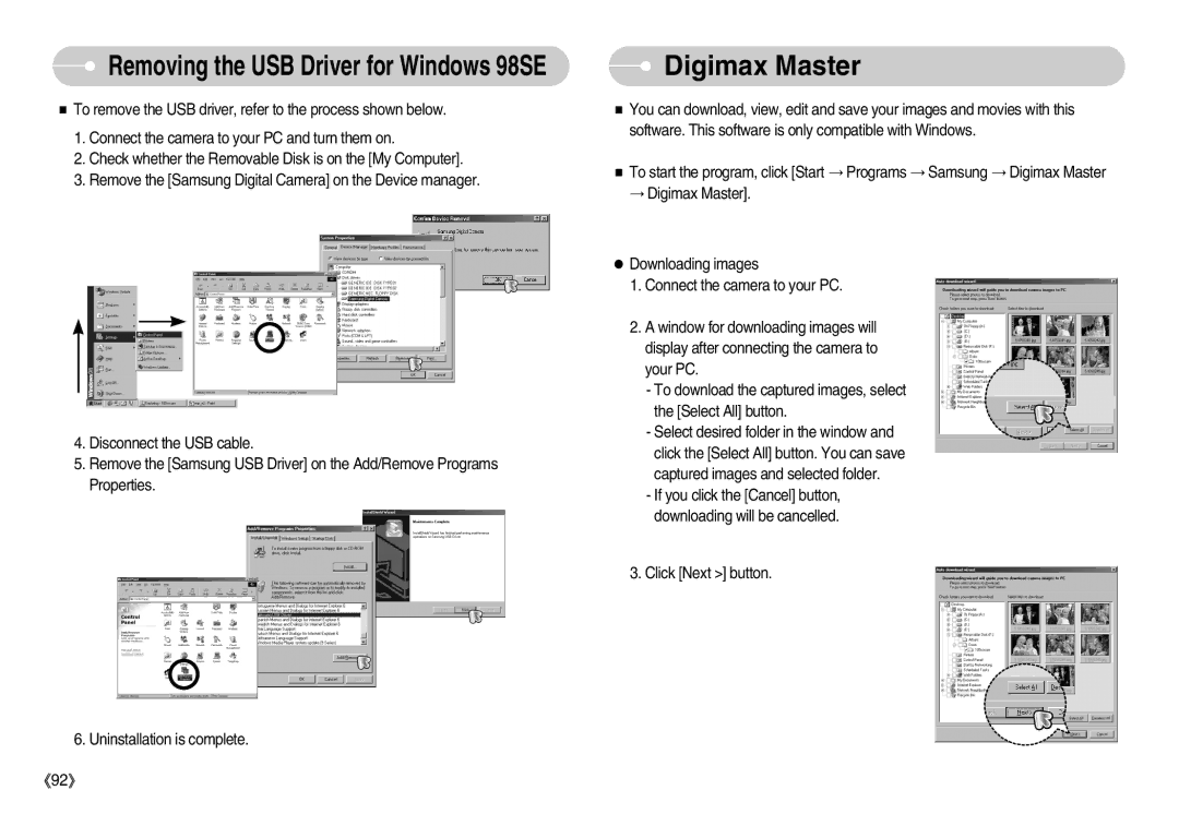 Samsung EC-S1050BBA/E1, EC-S1050BDA/DE, EC-S1050SBB/E2, STC-S1050S Digimax Master, Removing the USB Driver for Windows 98SE 