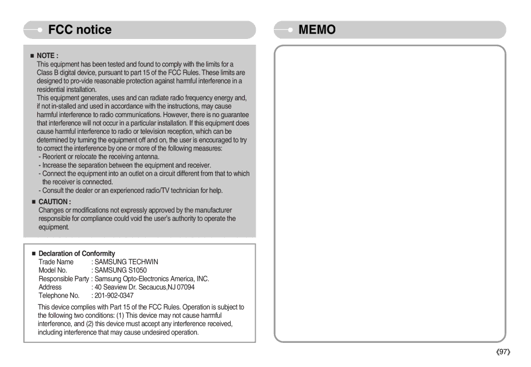 Samsung EC-S1050BDB/AS, EC-S1050BDA/DE, EC-S1050SBB/E2, EC-S1050SBA/FR, EC-S1050BBA/FR FCC notice, Declaration of Conformity 