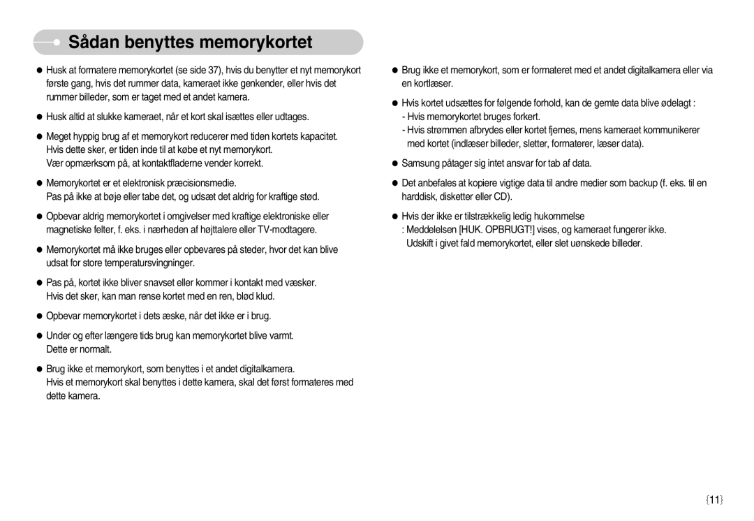 Samsung EC-S1050BBC/E2, EC-S1050BDA/DE, EC-S1050SBB/E2, EC-S1050SDA/DE, EC-S1050BBB/E2 manual Sådan benyttes memorykortet 