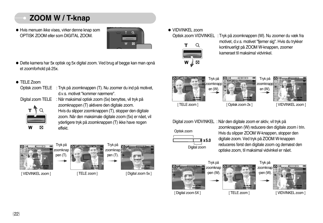 Samsung EC-S1050SDA/DE, EC-S1050BDA/DE, EC-S1050SBB/E2, EC-S1050BBB/E2, EC-S1050SFG/E2, EC-S1050BBC/E2 manual Zoom W / T-knap 