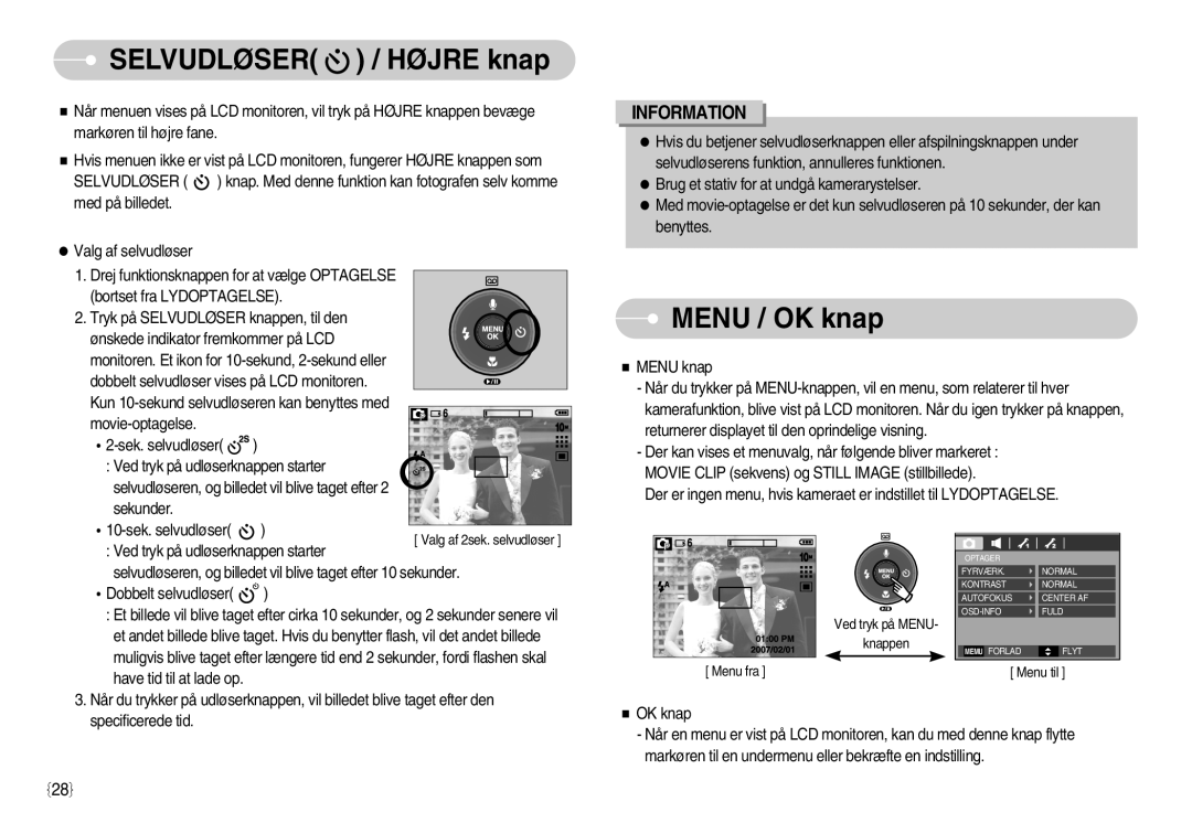 Samsung EC-S1050SBB/E2, EC-S1050BDA/DE, EC-S1050SDA/DE, EC-S1050BBB/E2 manual Selvudløser / Højre knap, Menu / OK knap 