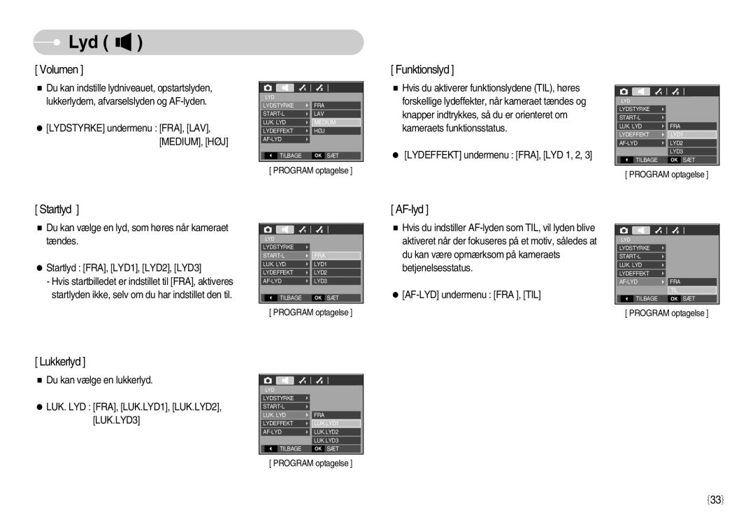 Samsung EC-S1050SBC/E2, EC-S1050BDA/DE, EC-S1050SBB/E2, EC-S1050SDA/DE, EC-S1050BBB/E2, EC-S1050SFG/E2 manual Lyd, Volumen 