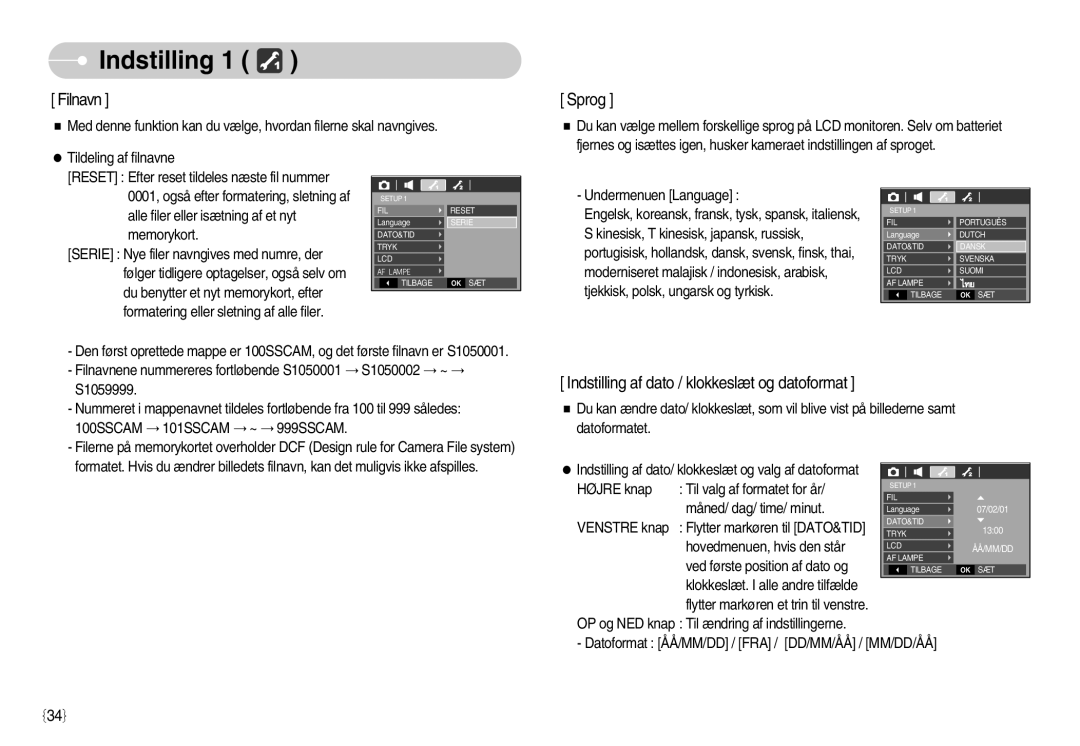 Samsung EC-S1050BDA/DE, EC-S1050SBB/E2, EC-S1050SDA/DE, EC-S1050BBB/E2, EC-S1050SFG/E2, EC-S1050BBC/E2 manual Indstilling, Sprog 