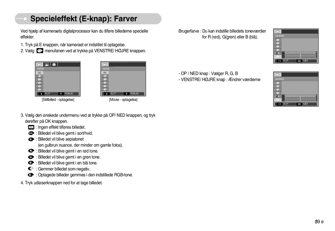 Samsung EC-S1050BBC/E2, EC-S1050BDA/DE, EC-S1050SBB/E2, EC-S1050SDA/DE, EC-S1050BBB/E2 manual Specieleffekt E-knap Farver 