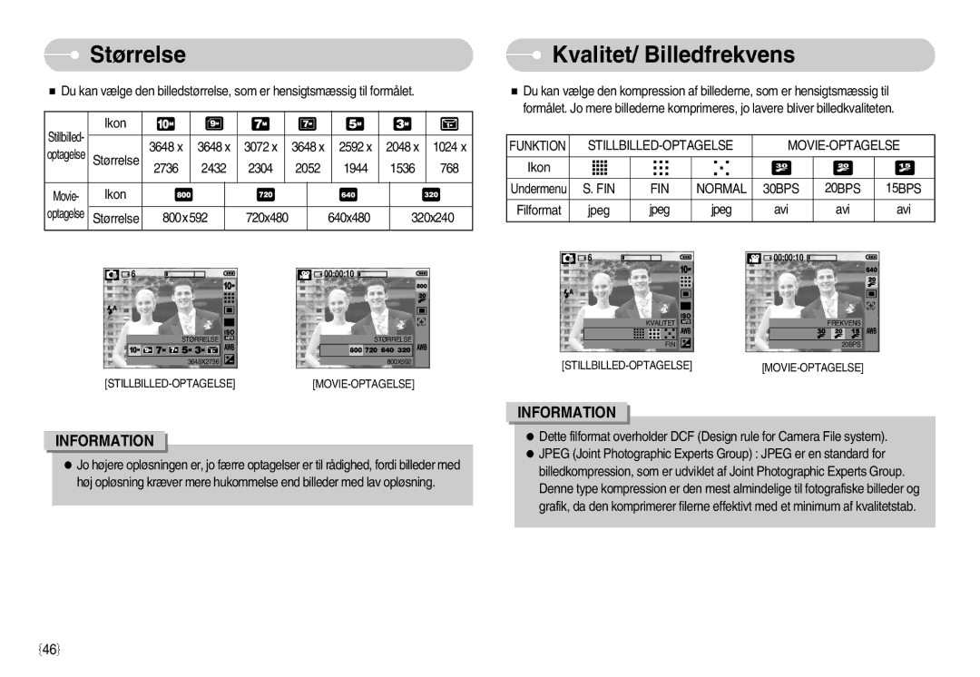 Samsung EC-S1050BBC/E2, EC-S1050BDA/DE manual Størrelse, Kvalitet/ Billedfrekvens, Stillbilled-Optagelse Movie-Optagelse 