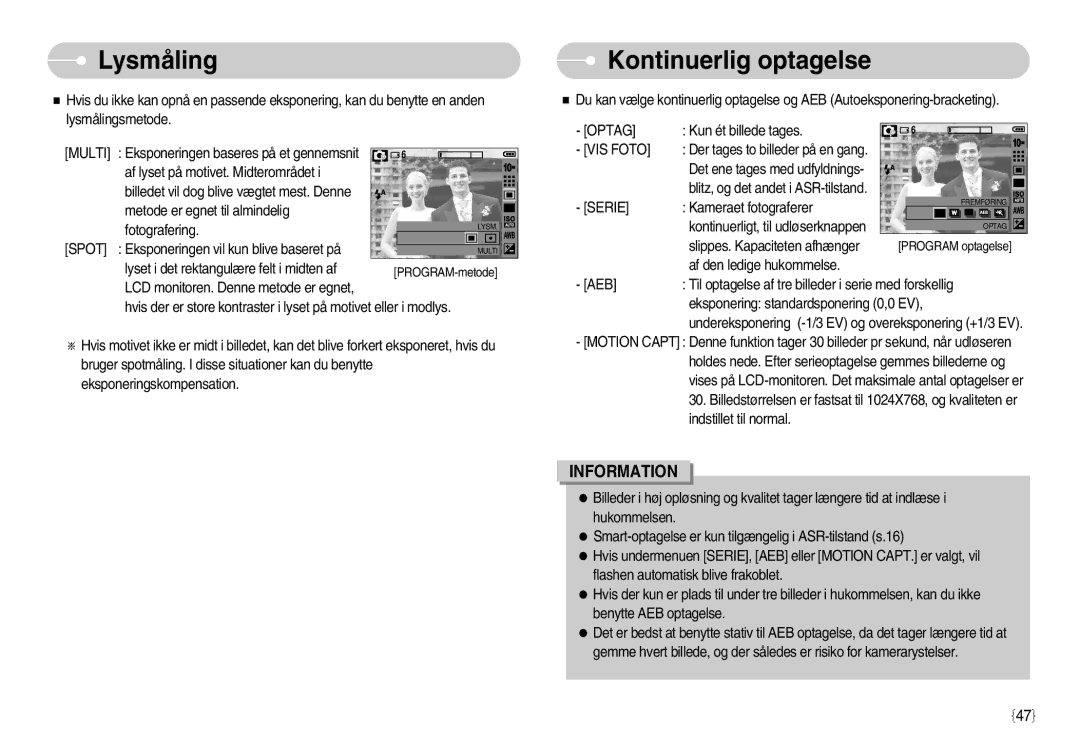 Samsung EC-S1050SBC/E2, EC-S1050BDA/DE, EC-S1050SBB/E2, EC-S1050SDA/DE, EC-S1050BBB/E2 manual Lysmåling, Kontinuerlig optagelse 