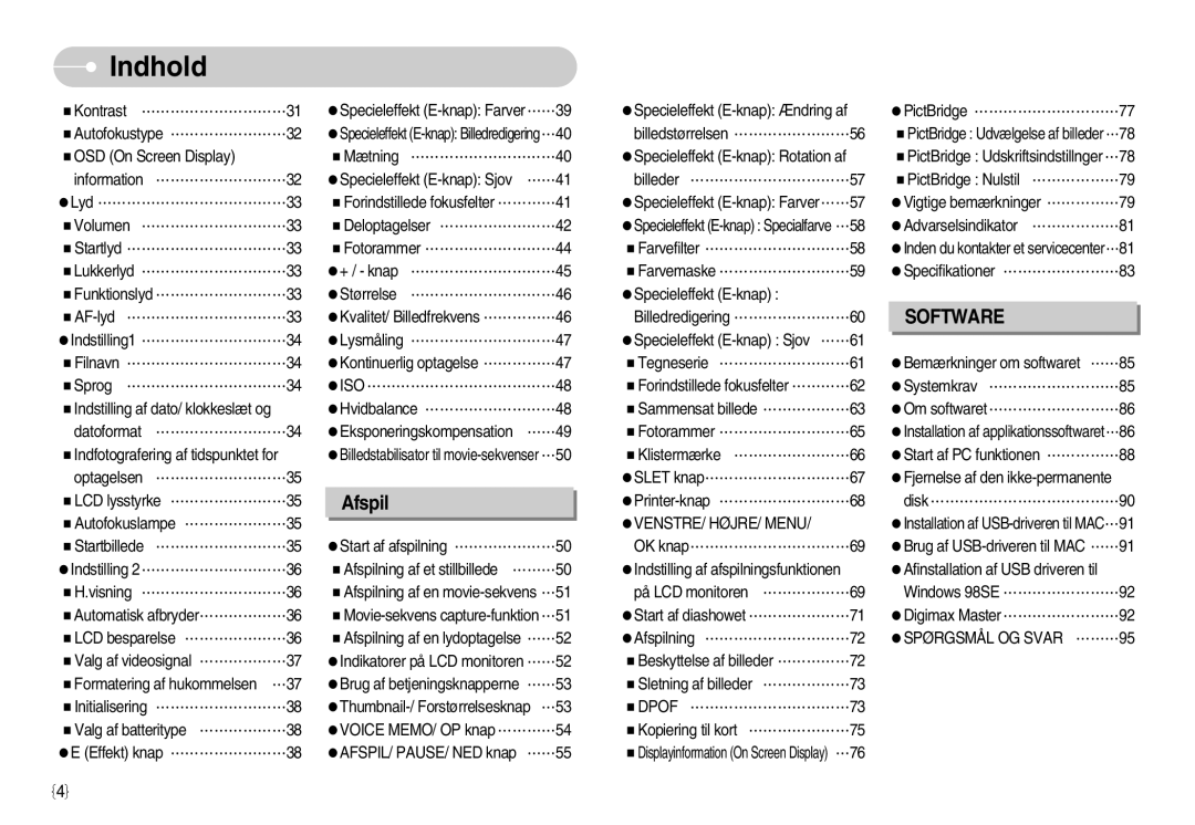 Samsung EC-S1050BBC/E2, EC-S1050BDA/DE, EC-S1050SBB/E2, EC-S1050SDA/DE manual VENSTRE/ HØJRE/ Menu, Spørgsmål OG Svar ………95 