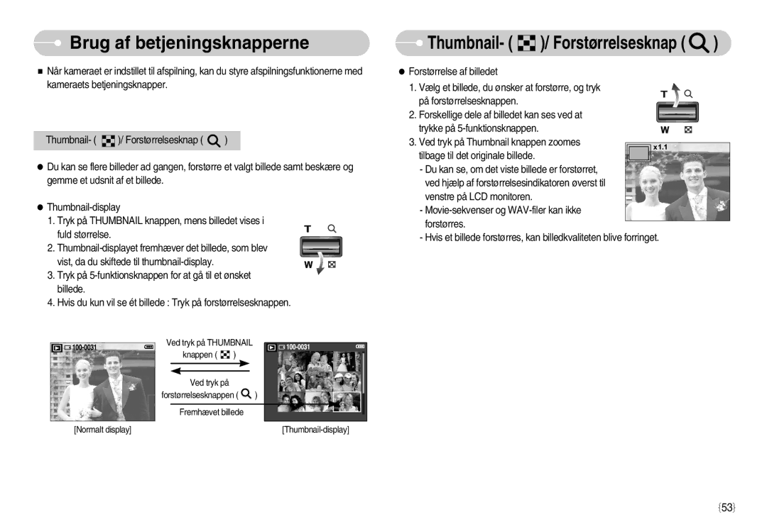 Samsung EC-S1050BBC/E2, EC-S1050BDA/DE, EC-S1050SBB/E2, EC-S1050SDA/DE, EC-S1050BBB/E2 manual Thumbnail- / Forstørrelsesknap 