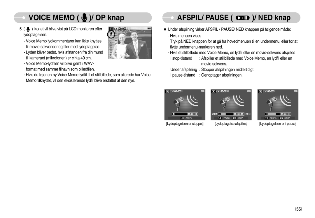 Samsung EC-S1050BDA/DE, EC-S1050SBB/E2, EC-S1050SDA/DE, EC-S1050BBB/E2, EC-S1050SFG/E2 manual AFSPIL/ Pause / NED knap 