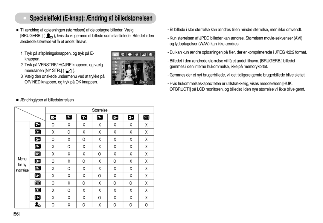 Samsung EC-S1050SBB/E2, EC-S1050BDA/DE, EC-S1050SDA/DE, EC-S1050BBB/E2 manual Specieleffekt E-knap Ændring af billedstørrelsen 