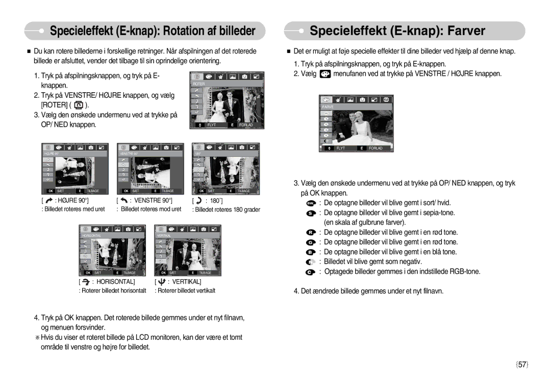 Samsung EC-S1050SDA/DE, EC-S1050BDA/DE, EC-S1050SBB/E2, EC-S1050BBB/E2 manual Specieleffekt E-knap Rotation af billeder 