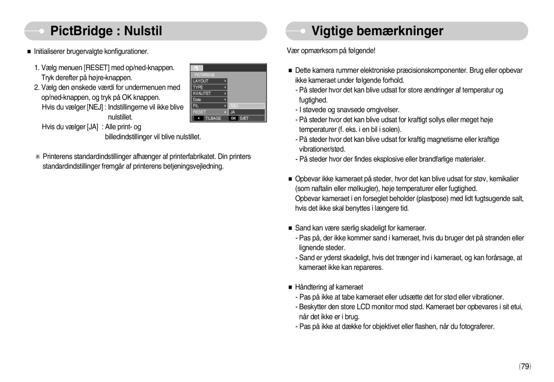 Samsung EC-S1050BBB/E2, EC-S1050BDA/DE, EC-S1050SBB/E2, EC-S1050SDA/DE manual PictBridge Nulstil, Vigtige bemærkninger 