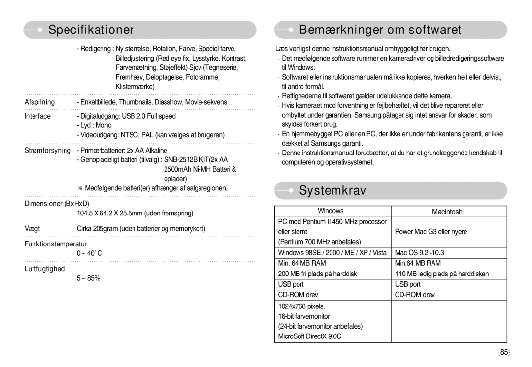 Samsung EC-S1050SDA/DE, EC-S1050BDA/DE, EC-S1050SBB/E2, EC-S1050BBB/E2, EC-S1050SFG/E2 Bemærkninger om softwaret, Systemkrav 