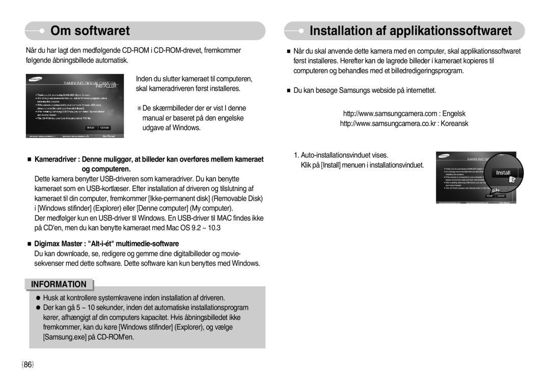 Samsung EC-S1050BBB/E2, EC-S1050BDA/DE, EC-S1050SBB/E2, EC-S1050SDA/DE Om softwaret, Installation af applikationssoftwaret 