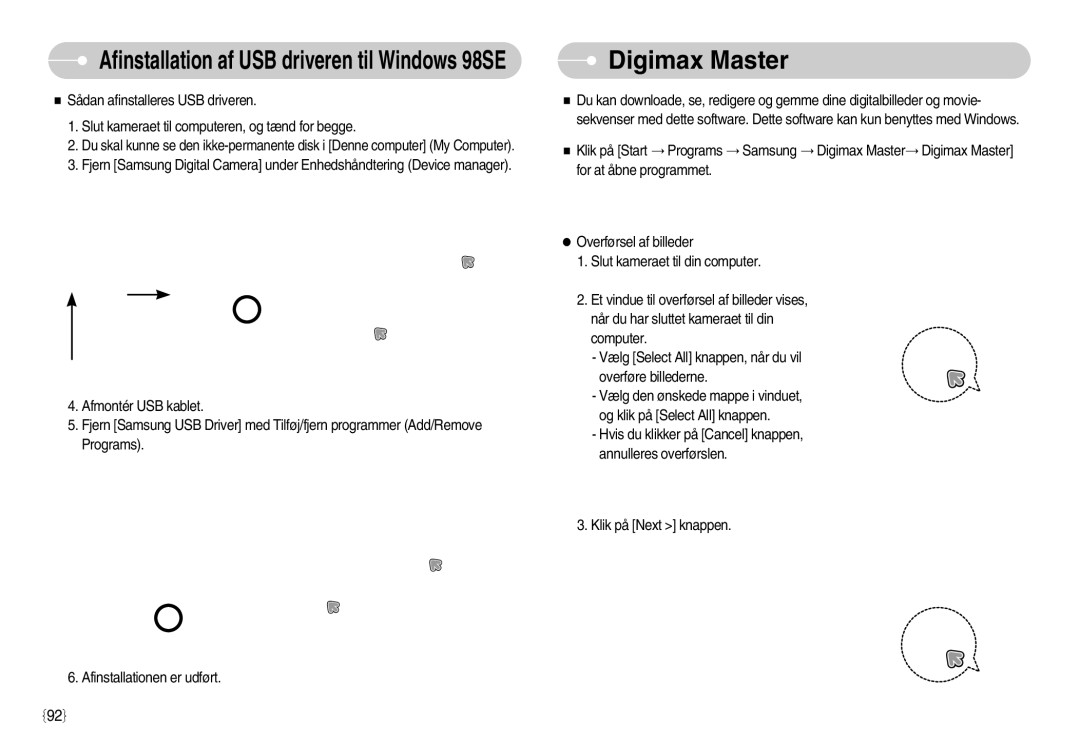 Samsung EC-S1050SDA/DE, EC-S1050BDA/DE, EC-S1050SBB/E2 manual Digimax Master, Afinstallation af USB driveren til Windows 98SE 