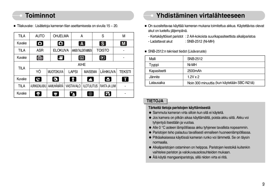 Samsung EC-S1050BBB/E2, EC-S1050BDA/DE, EC-S1050SBB/E2, EC-S1050SDA/DE, EC-S1050SFG/E2 manual Yhdistäminen virtalähteeseen 