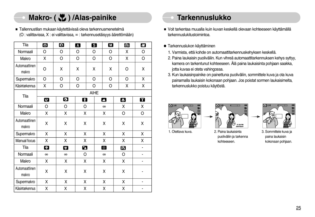 Samsung EC-S1050BBC/E2, EC-S1050BDA/DE, EC-S1050SBB/E2, EC-S1050SDA/DE manual Makro- /Alas-painike Tarkennuslukko, Aihe 