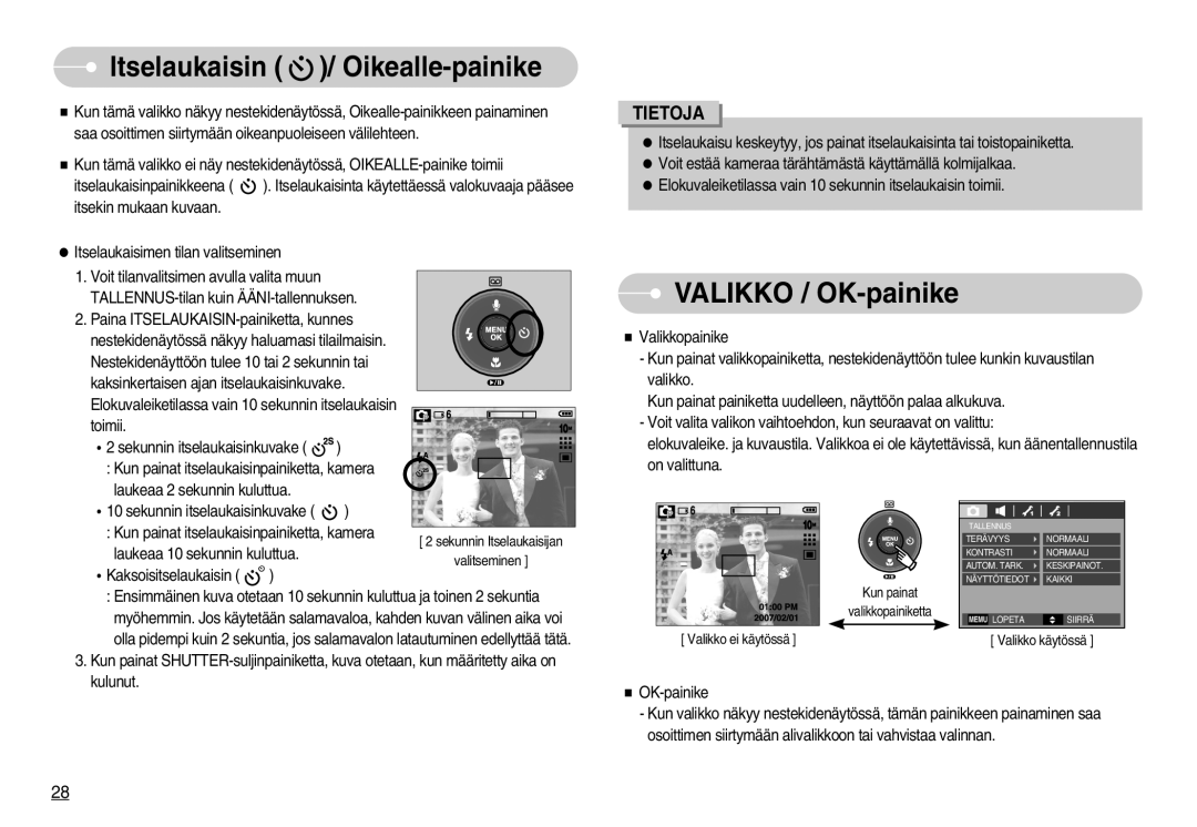 Samsung EC-S1050SBB/E2, EC-S1050BDA/DE, EC-S1050SDA/DE manual Itselaukaisin / Oikealle-painike, Valikko / OK-painike 