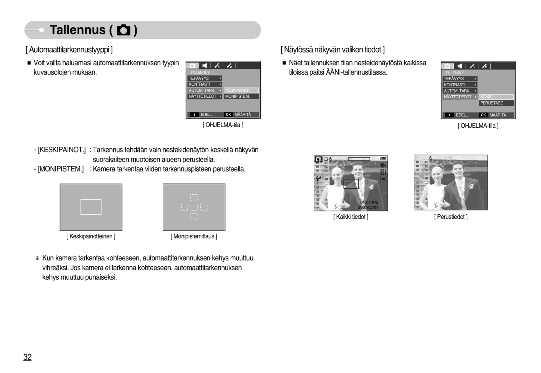 Samsung EC-S1050BBC/E2, EC-S1050BDA/DE, EC-S1050SBB/E2, EC-S1050SDA/DE, EC-S1050BBB/E2 manual Automaattitarkennustyyppi 