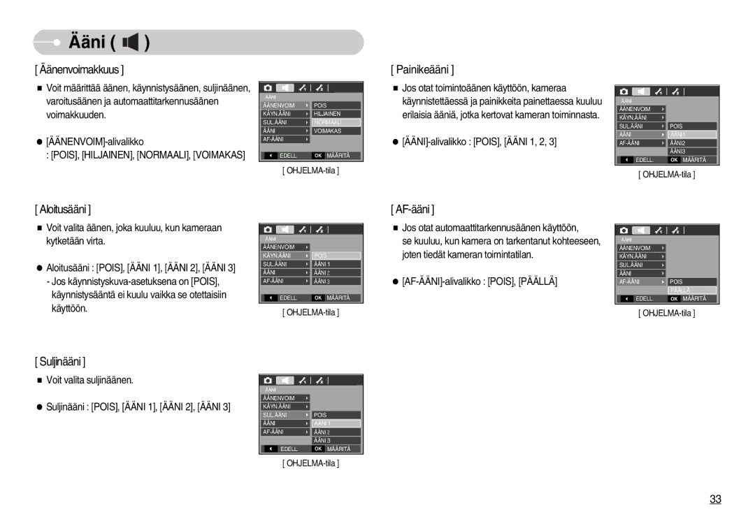 Samsung EC-S1050SBC/E2, EC-S1050BDA/DE, EC-S1050SBB/E2, EC-S1050SDA/DE manual Ääni, POIS, HILJAINEN, NORMAALI, Voimakas 