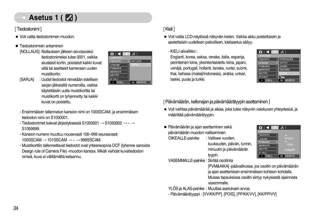 Samsung EC-S1050BDA/DE, EC-S1050SBB/E2, EC-S1050SDA/DE, EC-S1050BBB/E2, EC-S1050SFG/E2, EC-S1050BBC/E2 manual Asetus, Kieli 