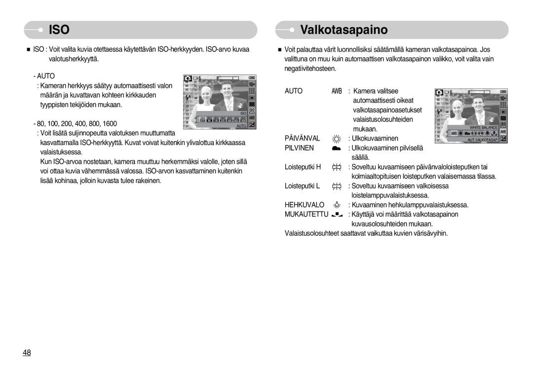 Samsung EC-S1050BDA/DE, EC-S1050SBB/E2, EC-S1050SDA/DE manual Valkotasapaino, Päivänval, Pilvinen, Hehkuvalo, Mukautettu 