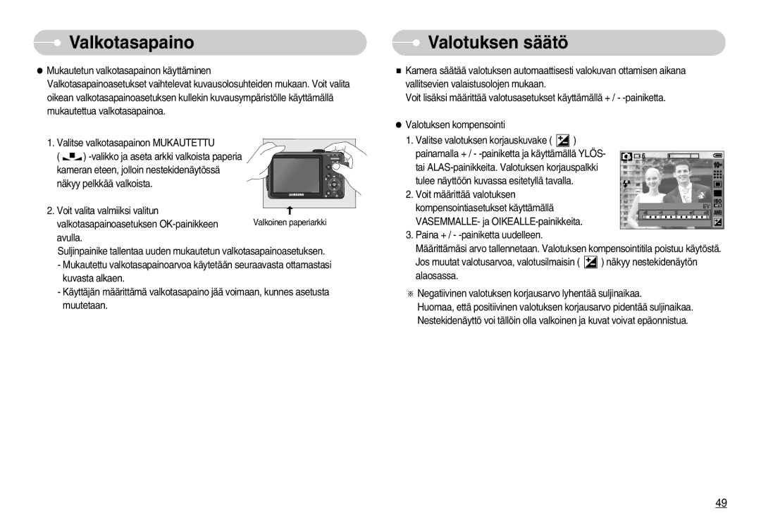 Samsung EC-S1050SBB/E2, EC-S1050BDA/DE, EC-S1050SDA/DE, EC-S1050BBB/E2, EC-S1050SFG/E2, EC-S1050BBC/E2 manual Valotuksen säätö 