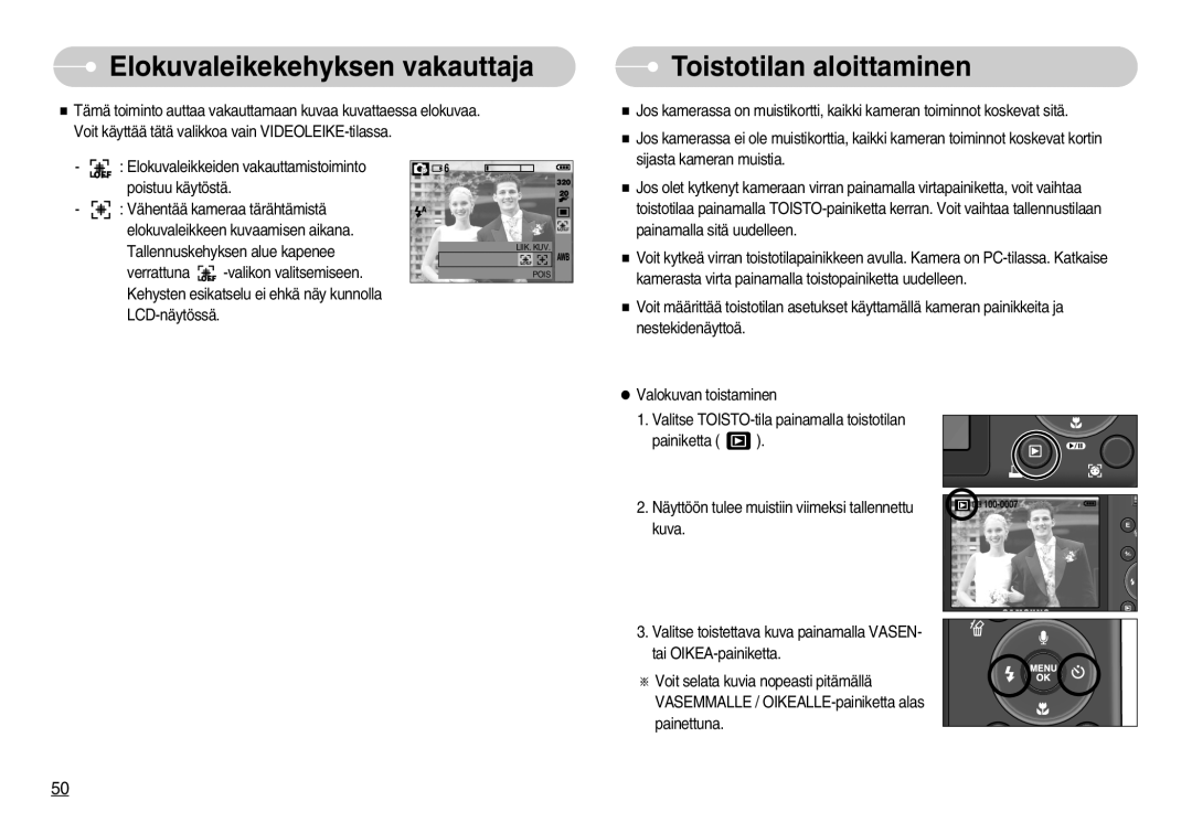 Samsung EC-S1050SDA/DE, EC-S1050BDA/DE, EC-S1050SBB/E2 manual Elokuvaleikekehyksen vakauttaja, Toistotilan aloittaminen 