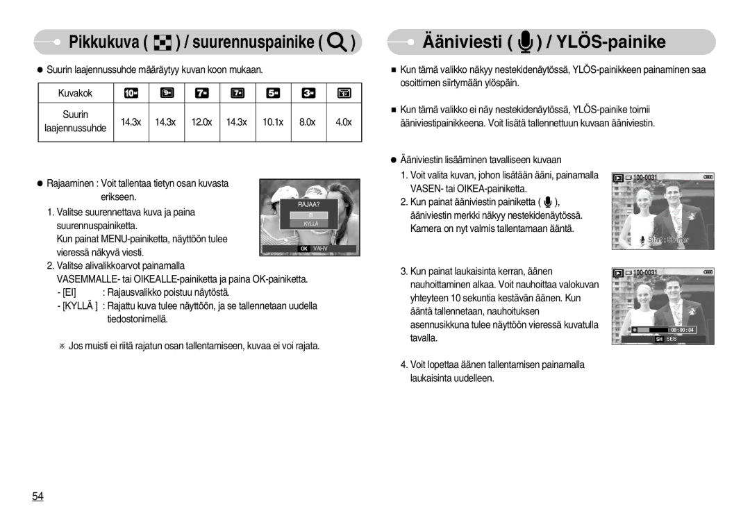 Samsung EC-S1050SBC/E2, EC-S1050BDA/DE, EC-S1050SBB/E2, EC-S1050SDA/DE, EC-S1050BBB/E2 manual Ääniviesti / YLÖS-painike 