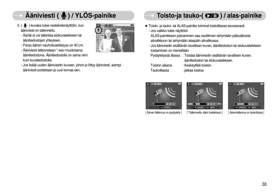 Samsung EC-S1050BDA/DE, EC-S1050SBB/E2, EC-S1050SDA/DE, EC-S1050BBB/E2, EC-S1050SFG/E2 manual Toisto-ja tauko- / alas-painike 