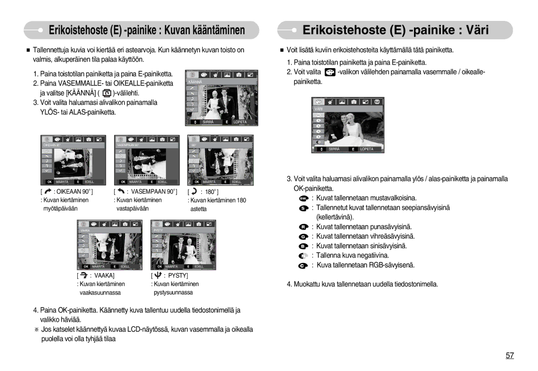 Samsung EC-S1050SDA/DE, EC-S1050BDA/DE, EC-S1050SBB/E2, EC-S1050BBB/E2 manual Erikoistehoste E -painike Kuvan kääntäminen 