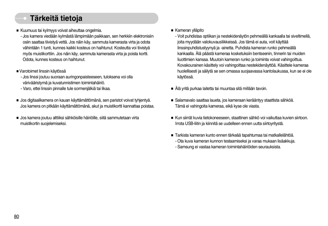 Samsung EC-S1050SFG/E2, EC-S1050BDA/DE, EC-S1050SBB/E2, EC-S1050SDA/DE, EC-S1050BBB/E2, EC-S1050BBC/E2 manual Tärkeitä tietoja 