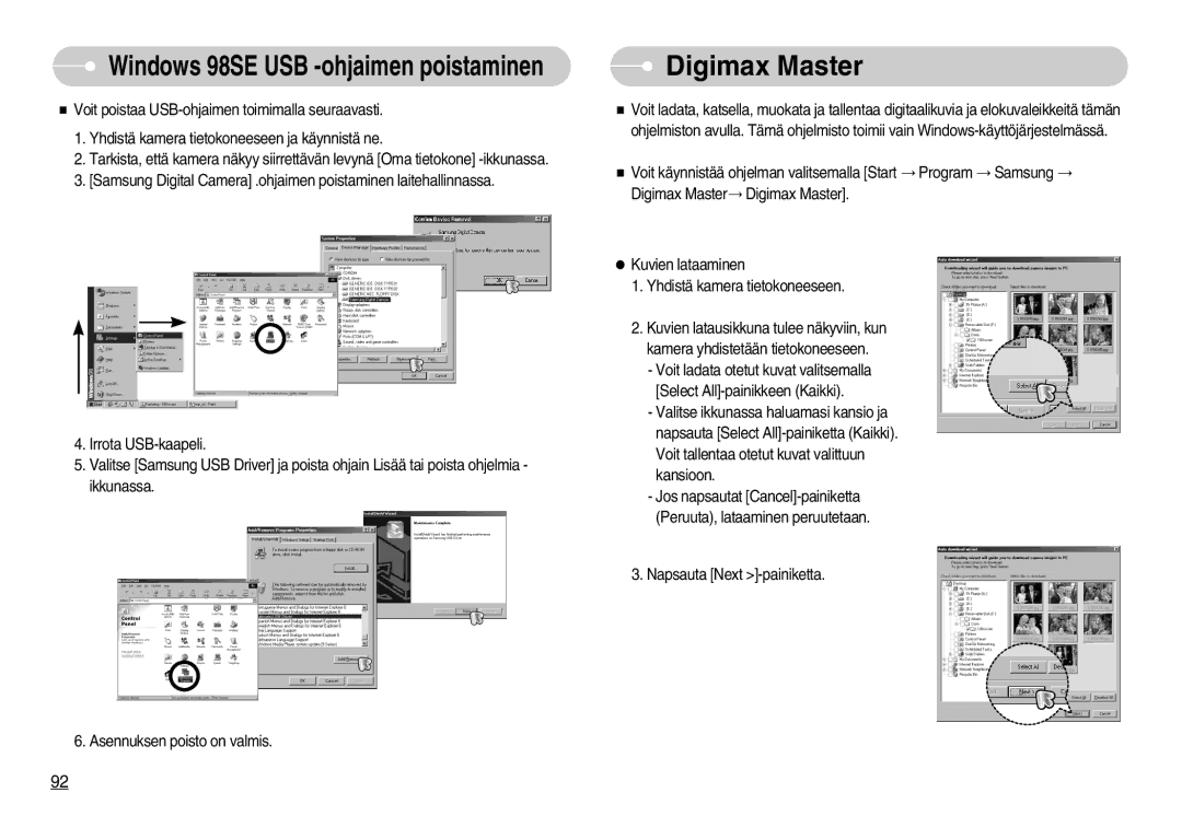 Samsung EC-S1050SDA/DE, EC-S1050BDA/DE, EC-S1050SBB/E2 manual Digimax Master, Windows 98SE USB -ohjaimen poistaminen 