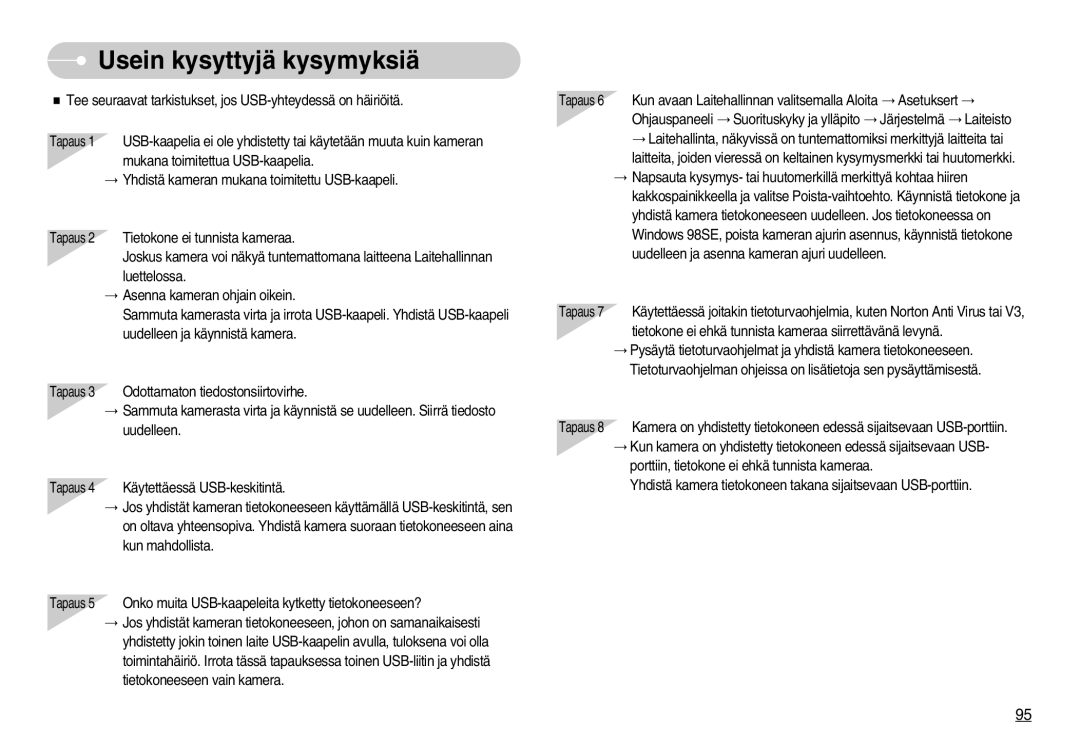 Samsung EC-S1050BBC/E2, EC-S1050BDA/DE, EC-S1050SBB/E2, EC-S1050SDA/DE, EC-S1050BBB/E2 manual Usein kysyttyjä kysymyksiä 