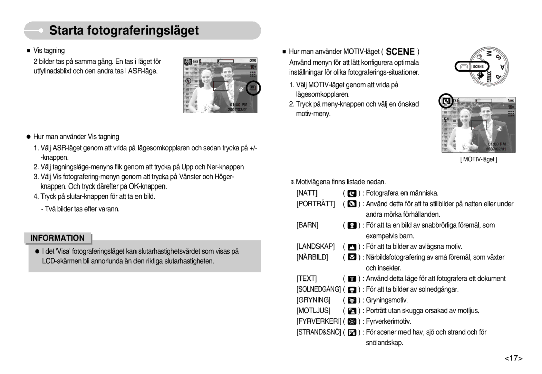 Samsung EC-S1050SFG/E2, EC-S1050BDA/DE manual Porträtt, Landskap, Närbild, Gryning, Motljus, Fyrverkeri, Strand&Snö 