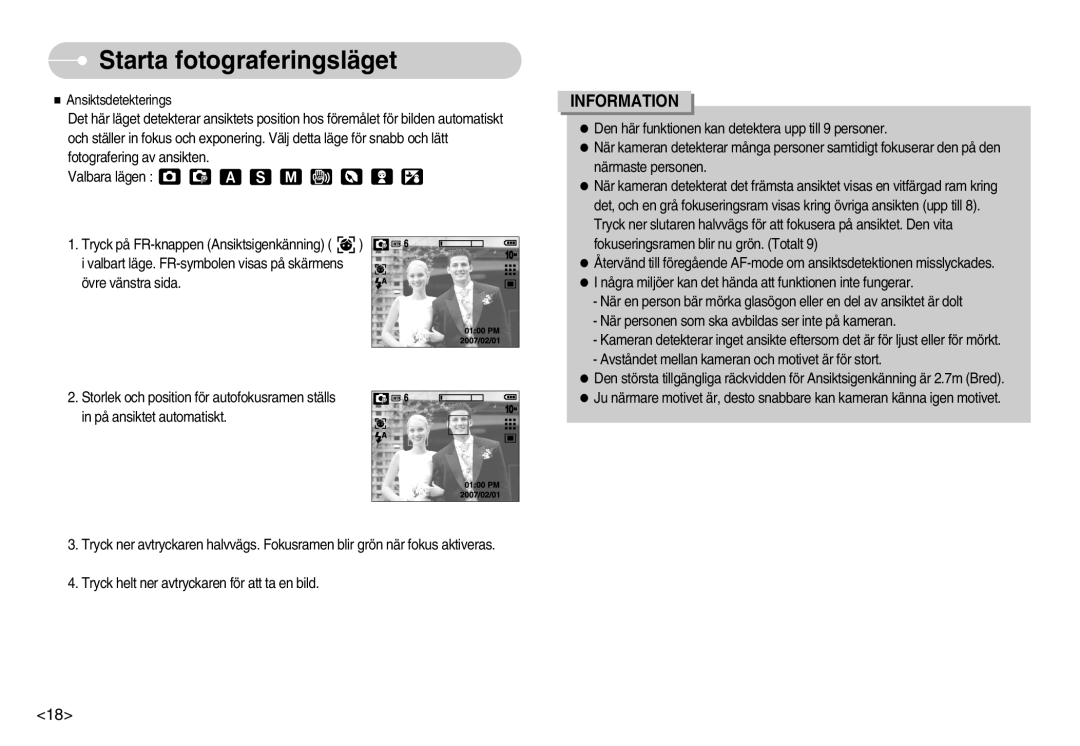 Samsung EC-S1050BBC/E2, EC-S1050BDA/DE, EC-S1050SBB/E2, EC-S1050SDA/DE, EC-S1050BBB/E2 manual Starta fotograferingsläget 