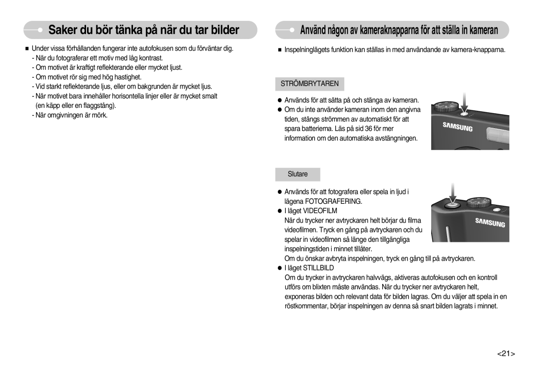 Samsung EC-S1050SBB/E2, EC-S1050BDA/DE manual Använd någon av kameraknapparna för att ställa in kameran, Strömbrytaren 