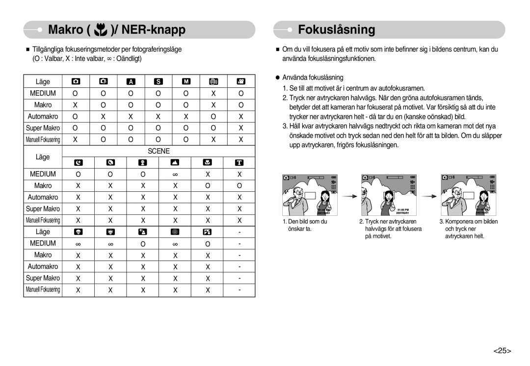 Samsung EC-S1050BBC/E2, EC-S1050BDA/DE, EC-S1050SBB/E2, EC-S1050SDA/DE manual Makro / NER-knapp Fokuslåsning, Scene Medium 