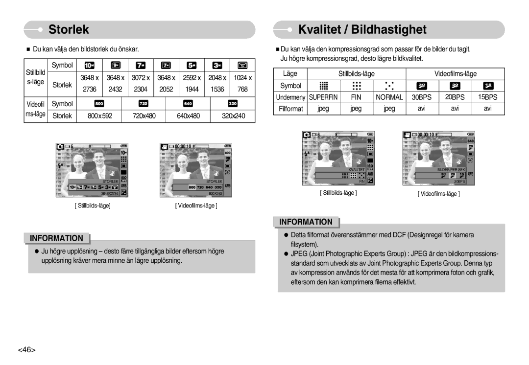 Samsung EC-S1050BBC/E2, EC-S1050BDA/DE, EC-S1050SBB/E2 manual Storlek, Kvalitet / Bildhastighet, FIN Normal 30BPS 20BPS 15BPS 