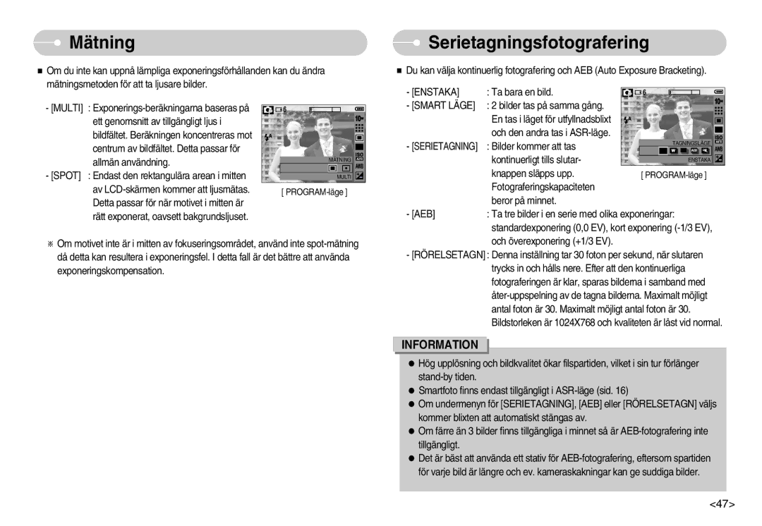 Samsung EC-S1050SBC/E2, EC-S1050BDA/DE, EC-S1050SBB/E2 manual Mätning, Serietagningsfotografering, Enstaka, Smart Läge 