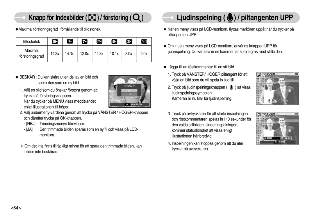 Samsung EC-S1050SBC/E2, EC-S1050BDA/DE, EC-S1050SBB/E2, EC-S1050SDA/DE, EC-S1050BBB/E2 manual Ljudinspelning / piltangenten UPP 