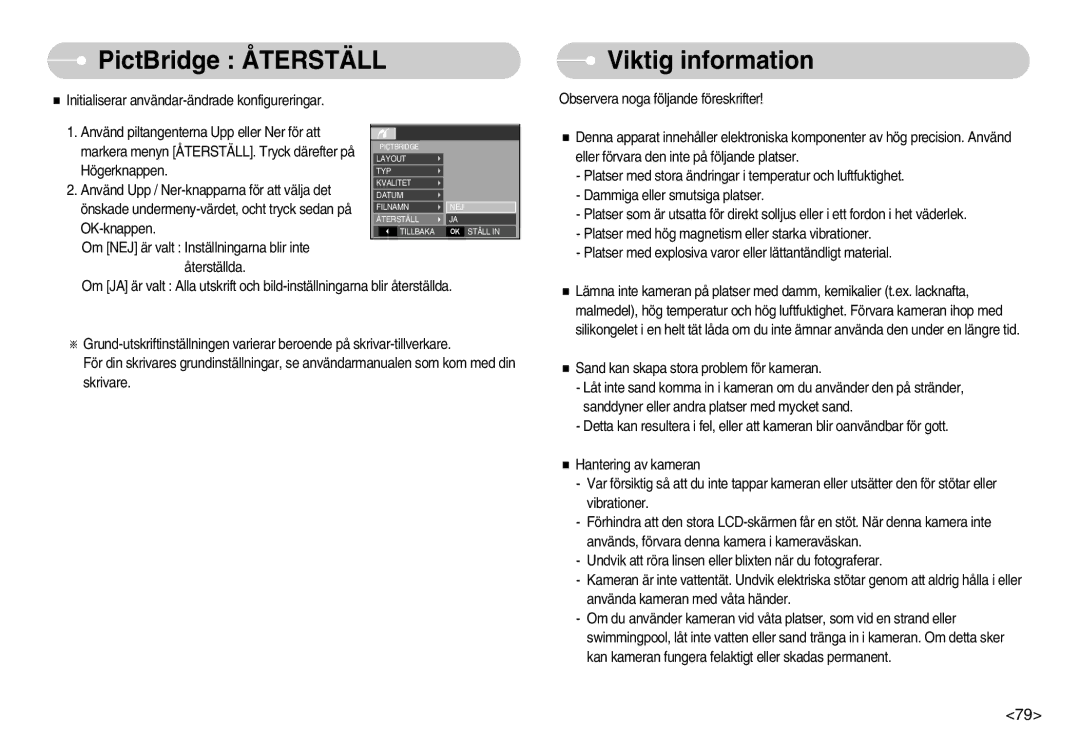 Samsung EC-S1050BBB/E2, EC-S1050BDA/DE, EC-S1050SBB/E2, EC-S1050SDA/DE manual PictBridge Återställ, Viktig information 