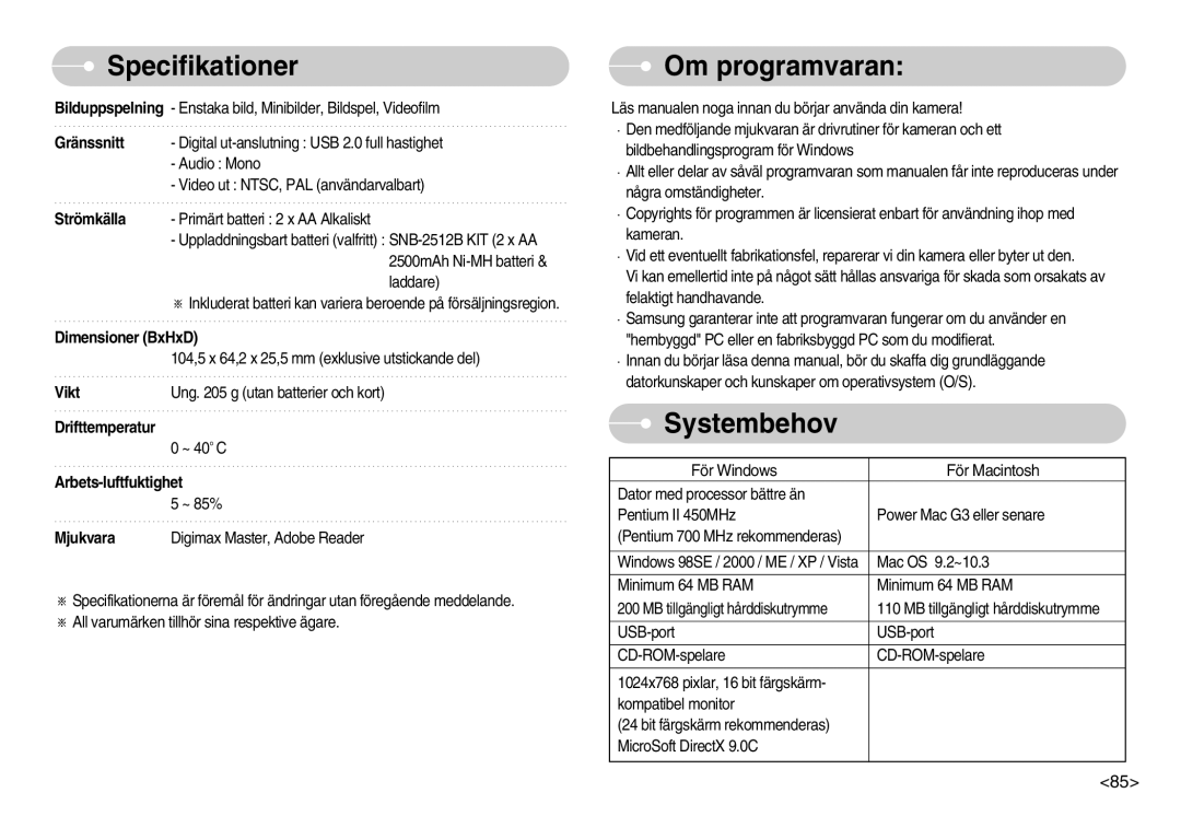 Samsung EC-S1050SDA/DE, EC-S1050BDA/DE, EC-S1050SBB/E2, EC-S1050BBB/E2, EC-S1050SFG/E2 manual Om programvaran, Systembehov 